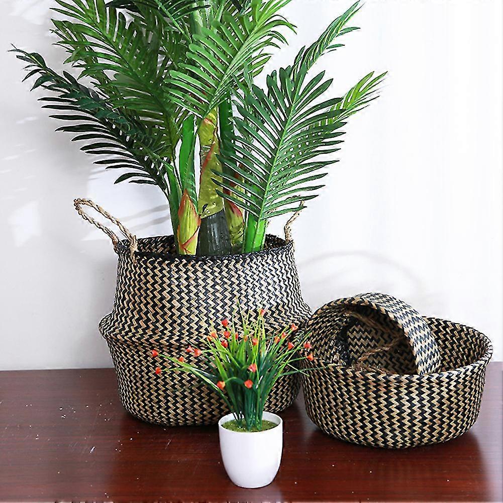 Folding Straw Wicker Storage Basket Handle Garden Flower Pot Planter Laundry Bag