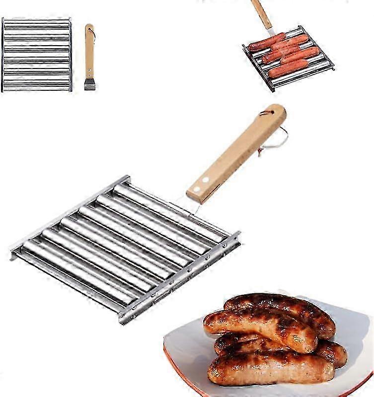 רולר נקניקיות לגירל, רולר נקניקיות גריל נקניקיות רולר מתלה נירוסטה עם ידית עץ ארוכה במיוחד, גירלר נקניקיות ברביקיו לבישול שווה