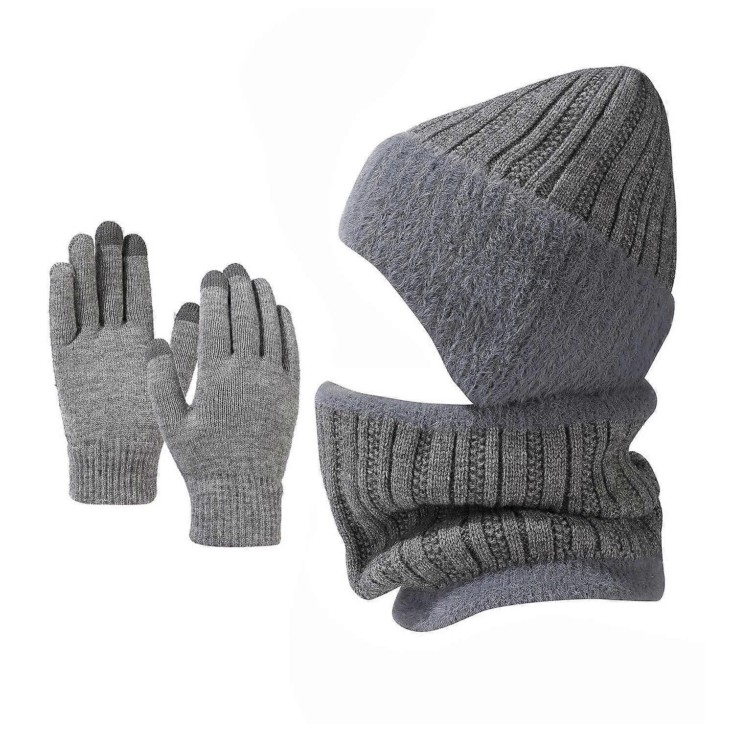3Pcs/Set Unisex Hat Scarf Gloves Set Ear Flap Design Solid Color Beanie Hat Thermal Plush Lining