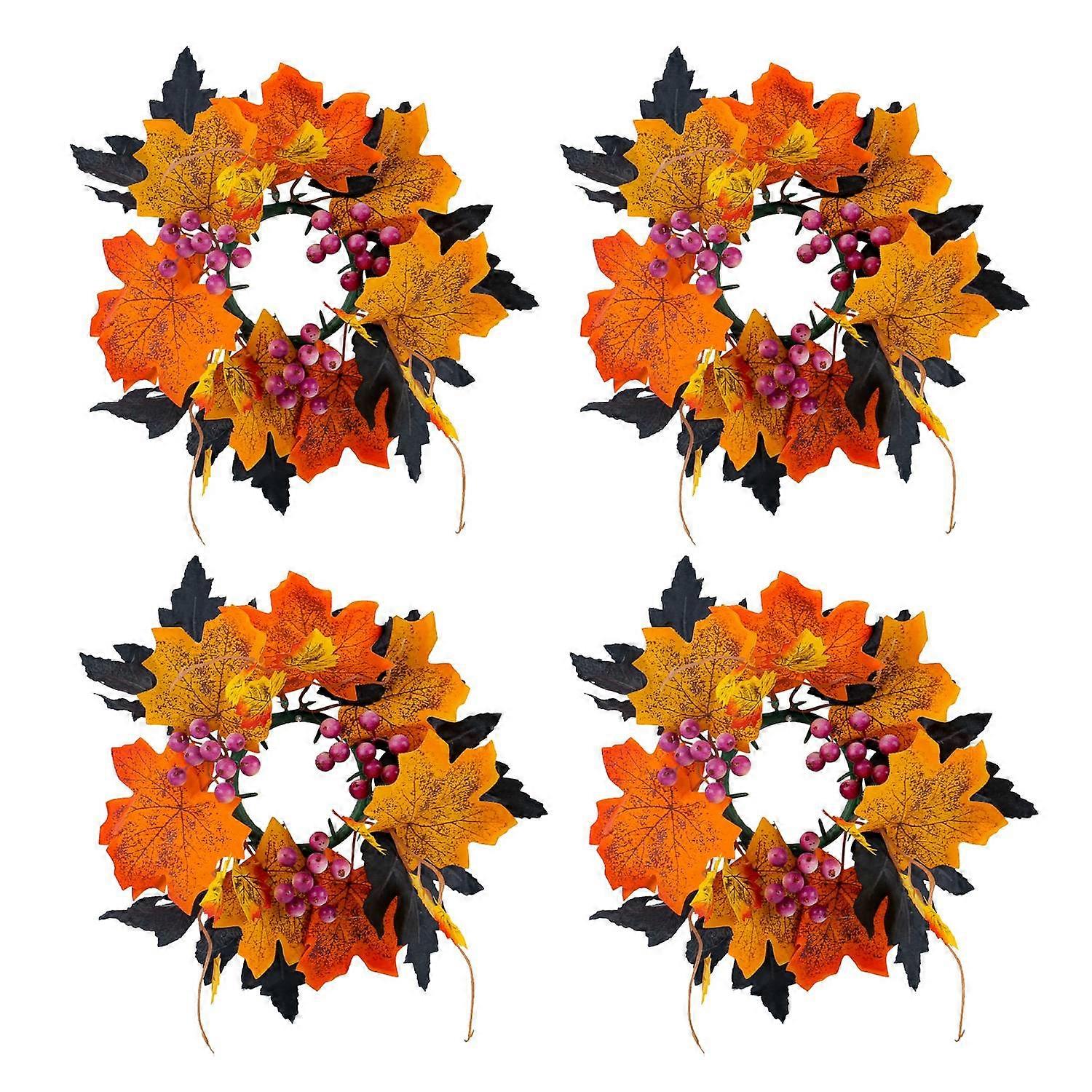 [安德在线](黑黄枫叶款) 4pcs 万圣节蜡烛花环枫叶浆果烛台装饰花环桌面布置装饰派对用品摆件
