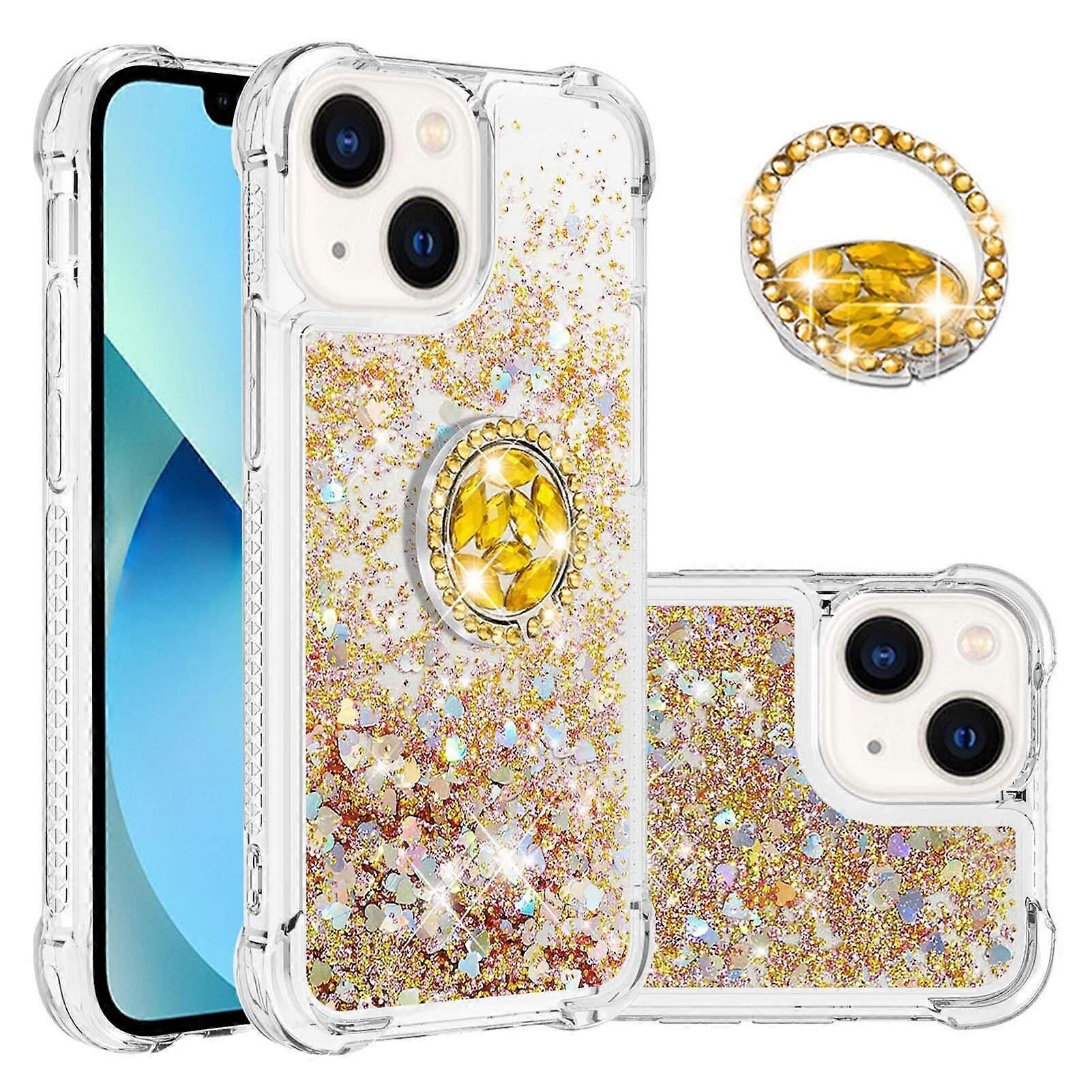 Case for iPhone 15 Bling Flowing Liquid Floating Sparkle Glitter Bumper with Rotation Ring Kickstand Compatible with iPhone 15 Case
