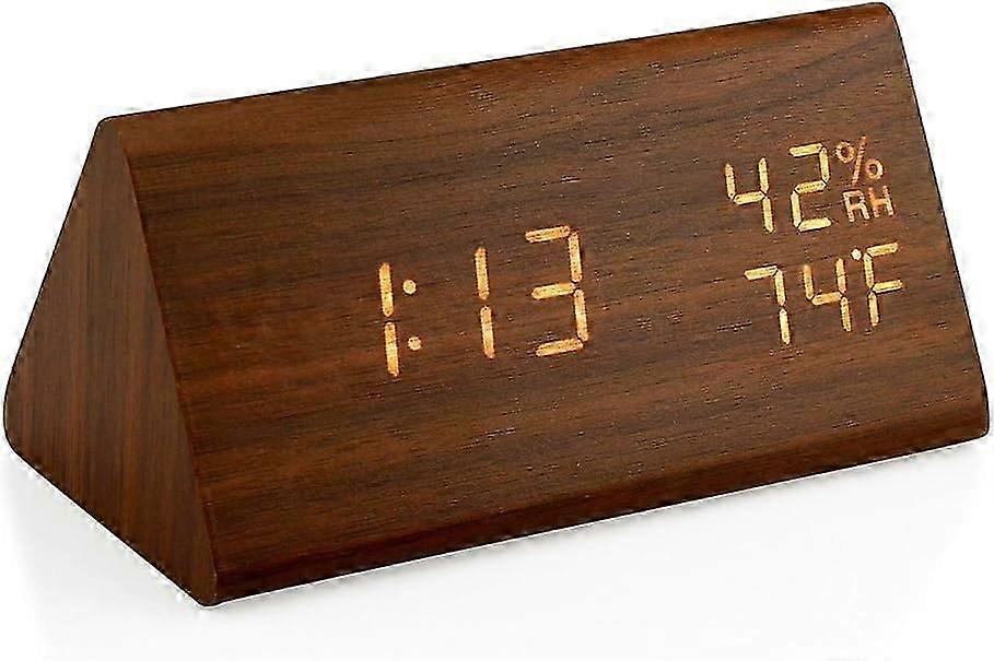 Wooden Alarm Clock, Wood LED Digital Desk Clock, Upgraded with Time Temperature, Adjustable Brightness and Voice Control-Brown