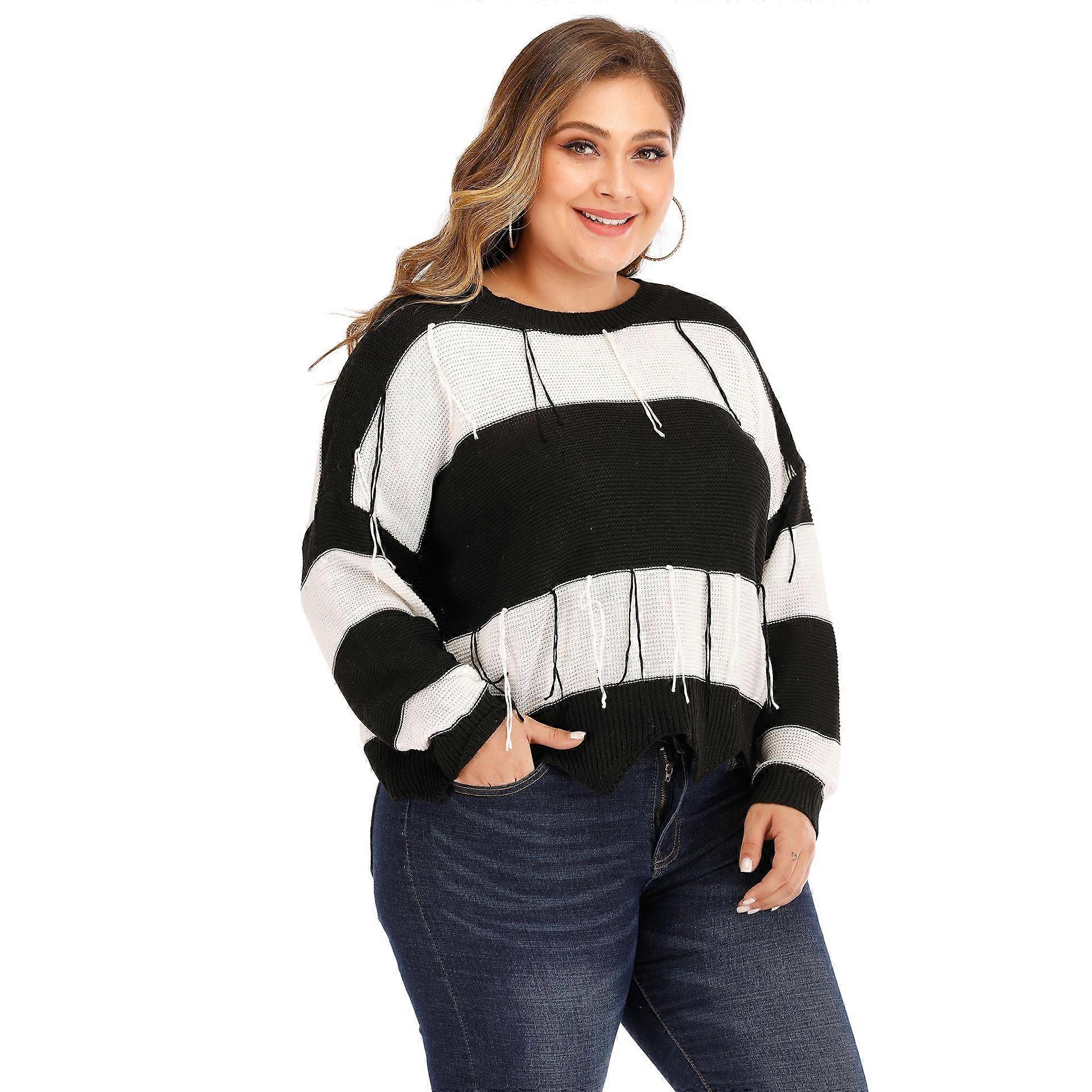 Women's Sexy Backless Black and White Stripe Colour Blocking Patchwork Tassel Irregular Machine Knit Pullover Sweater