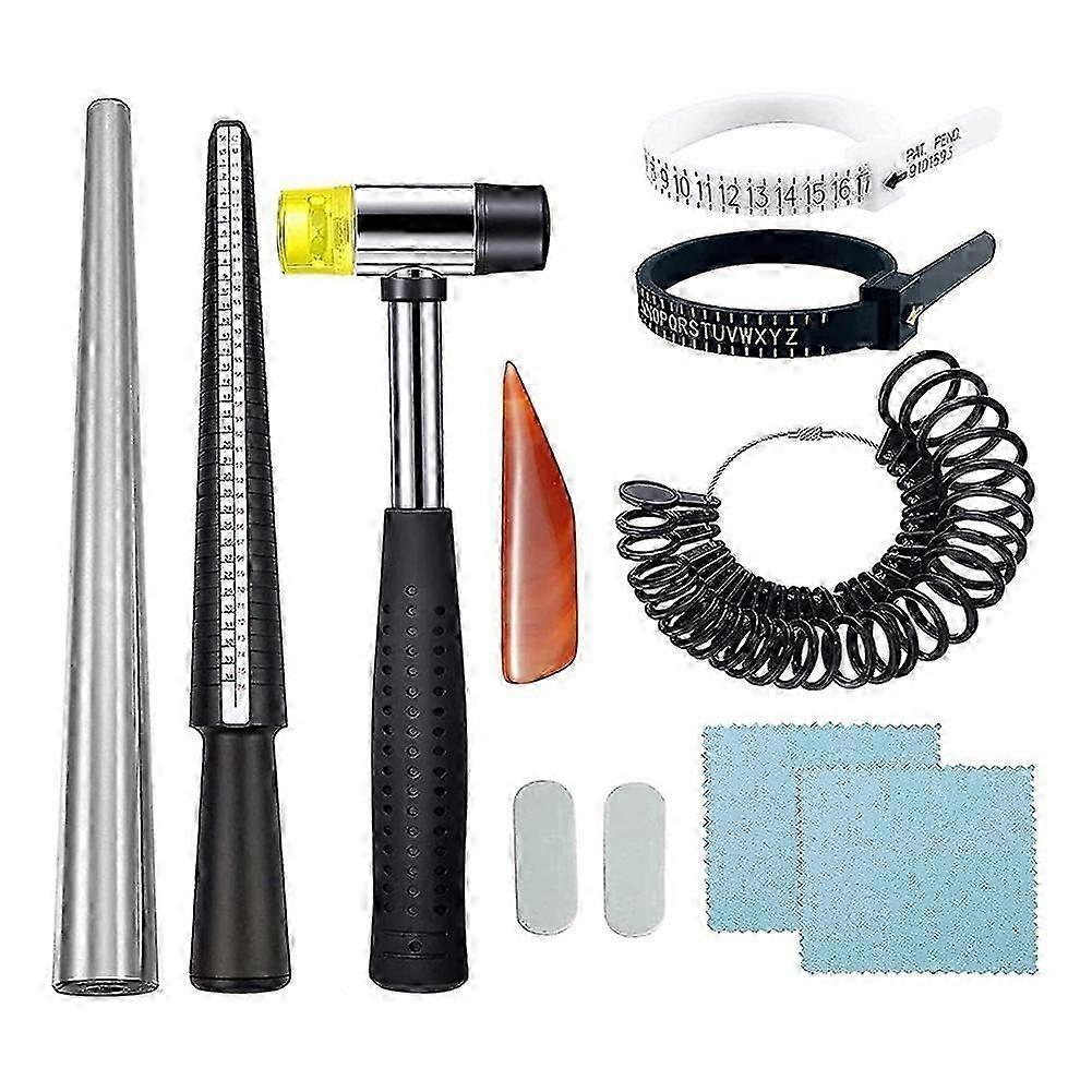 11Pcs Ring Sizer Measuring Tool, with Ring Mandrel Circle Jewelers Hammer and Polishing Tools for J