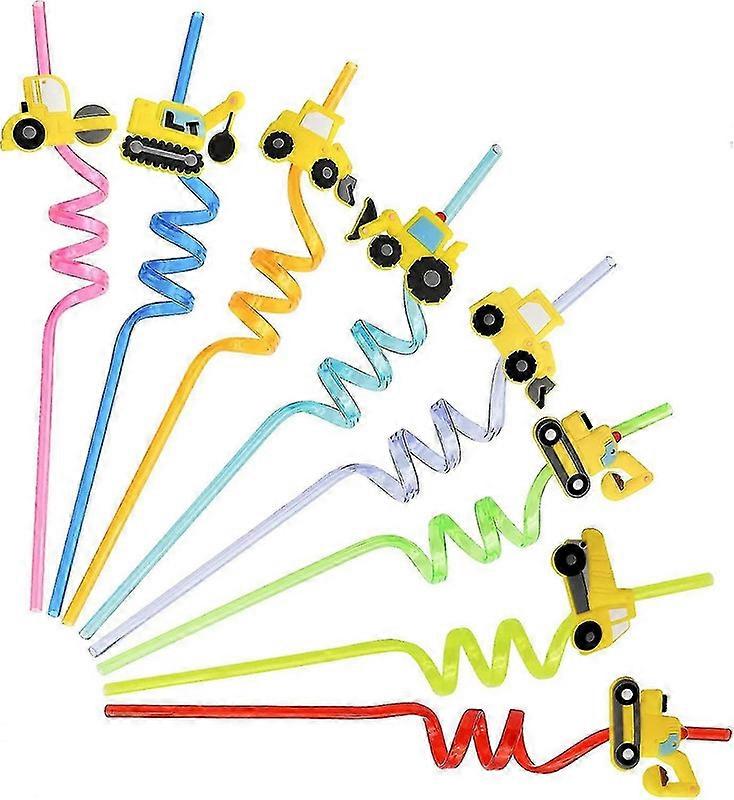 24-Pack Reusable Plastic Drinking Straws in Construction Vehicle Designs