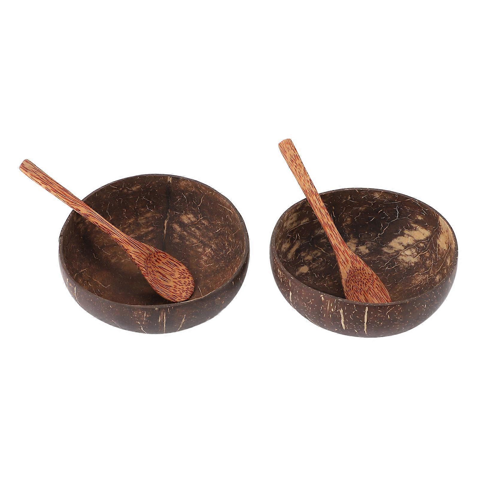2 Sets Old Coconut Shell Bowl Multipurpose Safe Healthy Heat Resistance Coconut Shell Bowl with Wooden Spoon for Home Kitchen