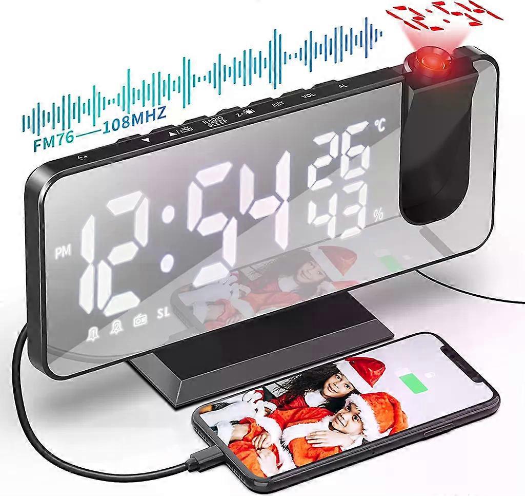 Digital Projection Clock with 180° Display, FM Radio, 2 USB Ports, Dual Alarms & Adjustable Brightness