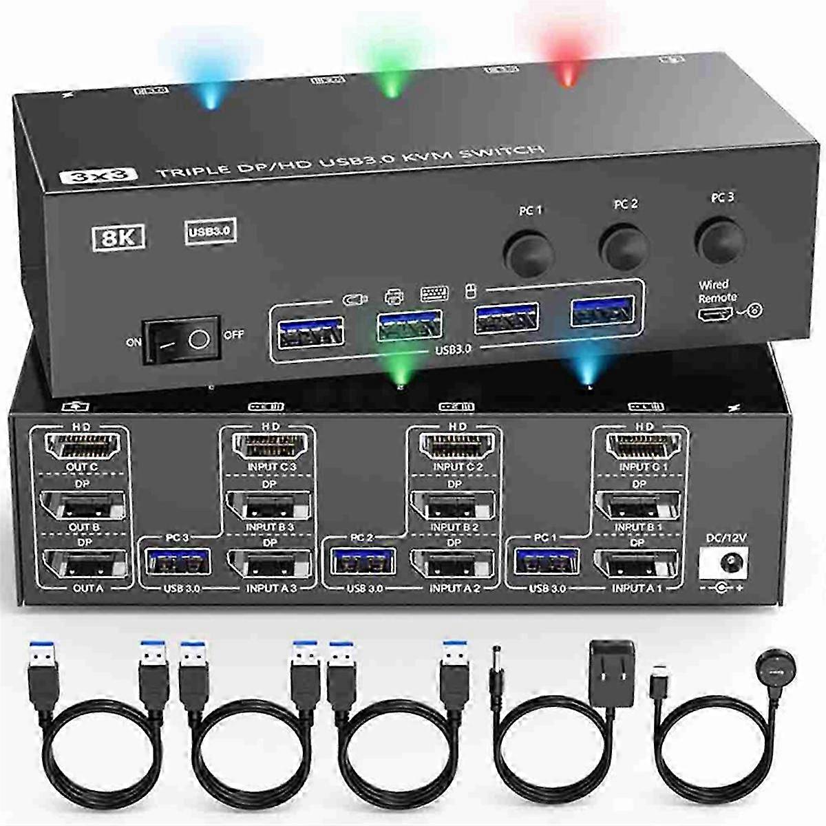 4K@144Hz -Compatible KVM Switch 3 Monitors 3 Computers,2 Displayport KVM Swticher,8K@30Hz,with 4 US