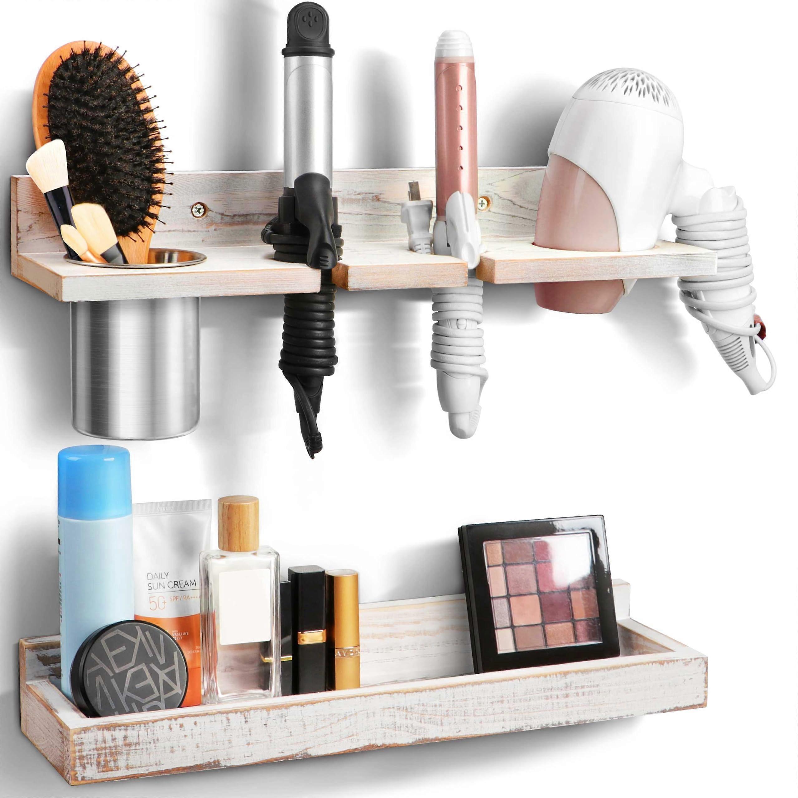 2 Layer Wall Mount Hair Tool Organizer, Rustic Wooden Vanity Storage, Wooden Styling Accessories Tray
