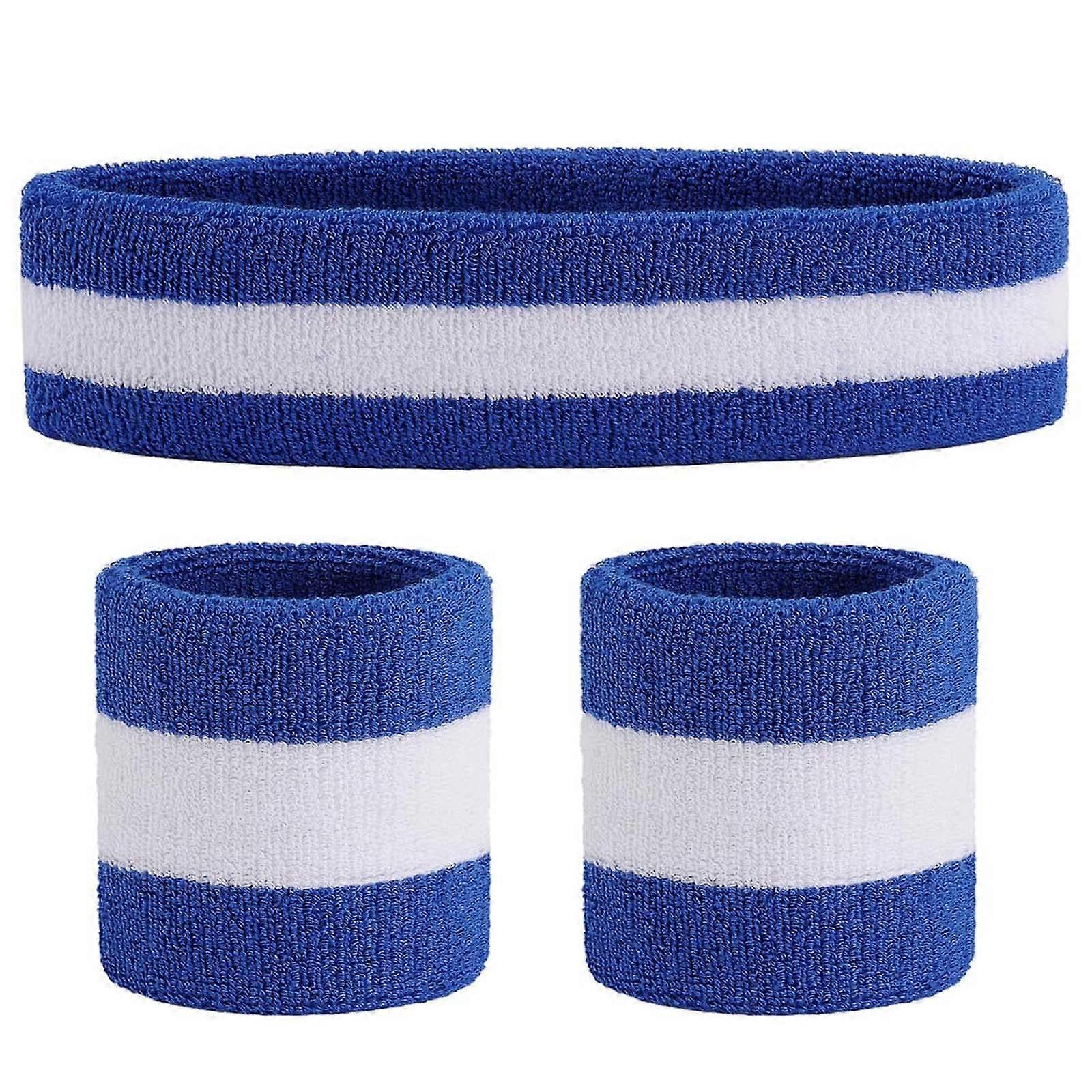 Sweatband Set (3 Pieces) Athletic Headbands Wrist Stripe Sweatbands Terry Fabric Wristbands Athletic Sweatbands and Headbands (Red, White and Blue)