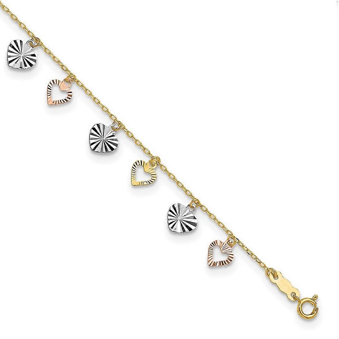 14K Tri Color Polished Spring-Ring Gold Adjustable Love Heart Anklet 9 Inch-Anklet for Women