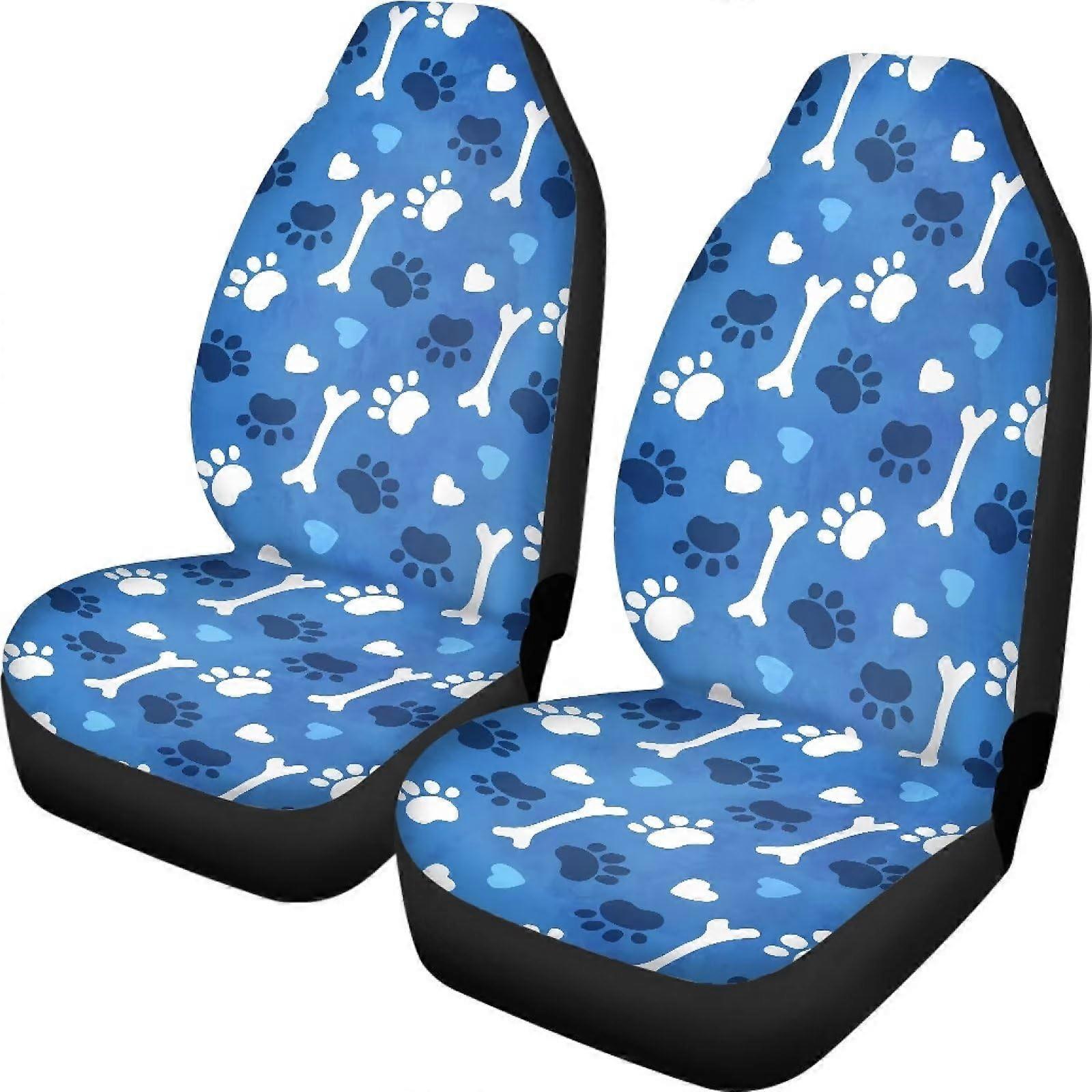 Dog Paw Pattern Car Front Seat Cover 2 Pack, Stretchy Durable Polyester Bucket Seat Protector for SUV Van Sedan, Blue