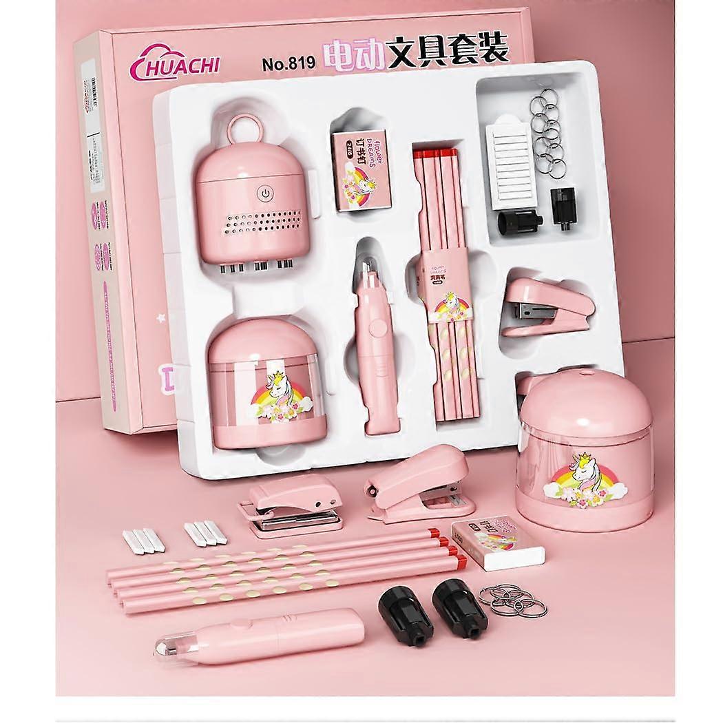 Electric Pencil Sharpener and Vacuum Eraser Gift Set - Desktop Stationery with Replacement Blade and Eraser Refills - Pink Unicorn