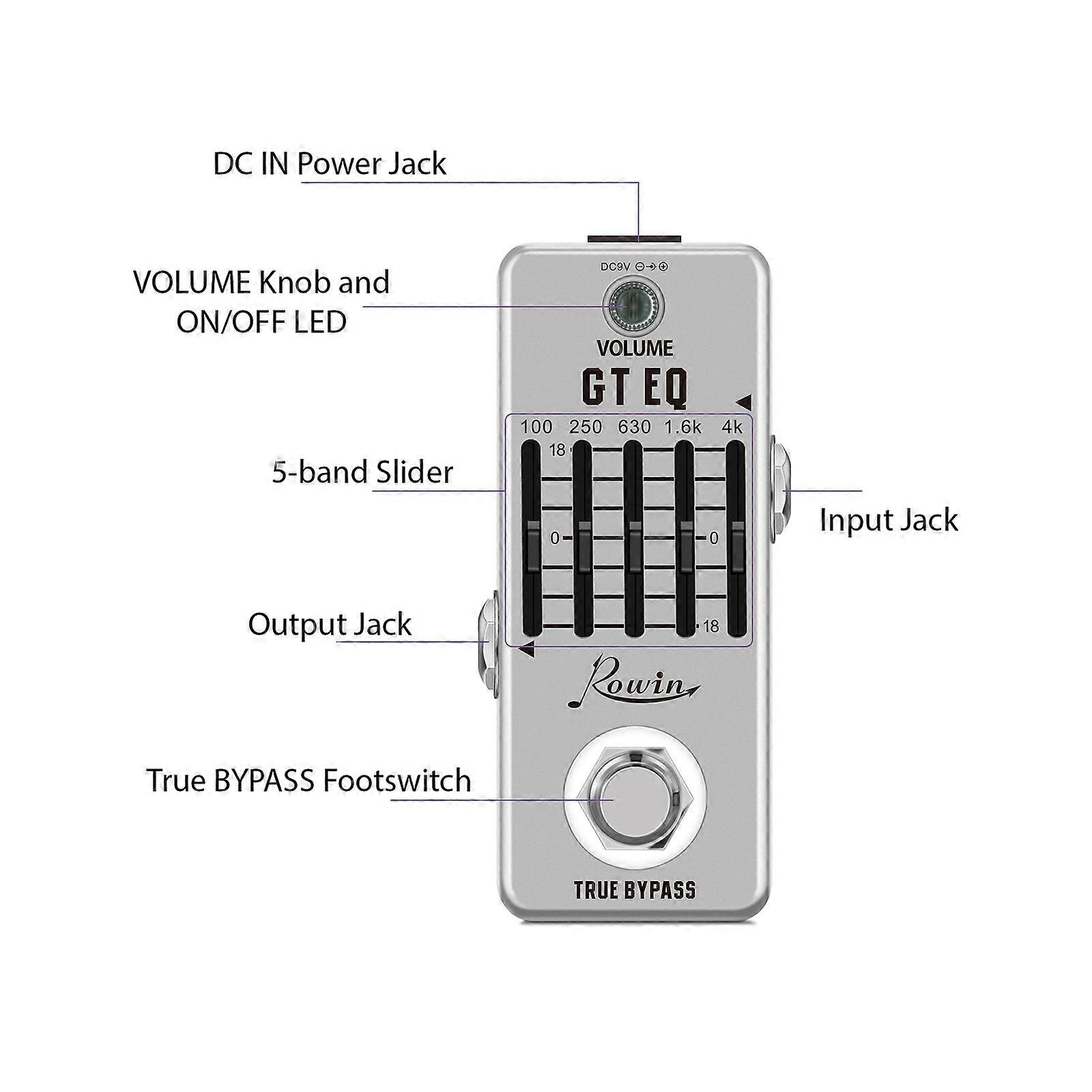 Rowin 5-Band EQ Pedal Electric Guitar Equalizer 100Hz 250Hz 630Hz 1.6kHz 4kHz True Bypass 1/4 Inch Mono Metal Shell Effects Pedal Overload Distortion