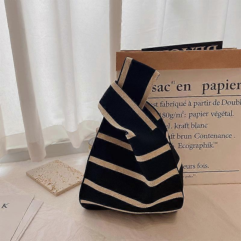 Yogodlns femmes tricoté à la main petit sac à main décontracté sac à poignet japonais large rayure Shopper fourre-tout étudiant sac à bandoulière réutilisable