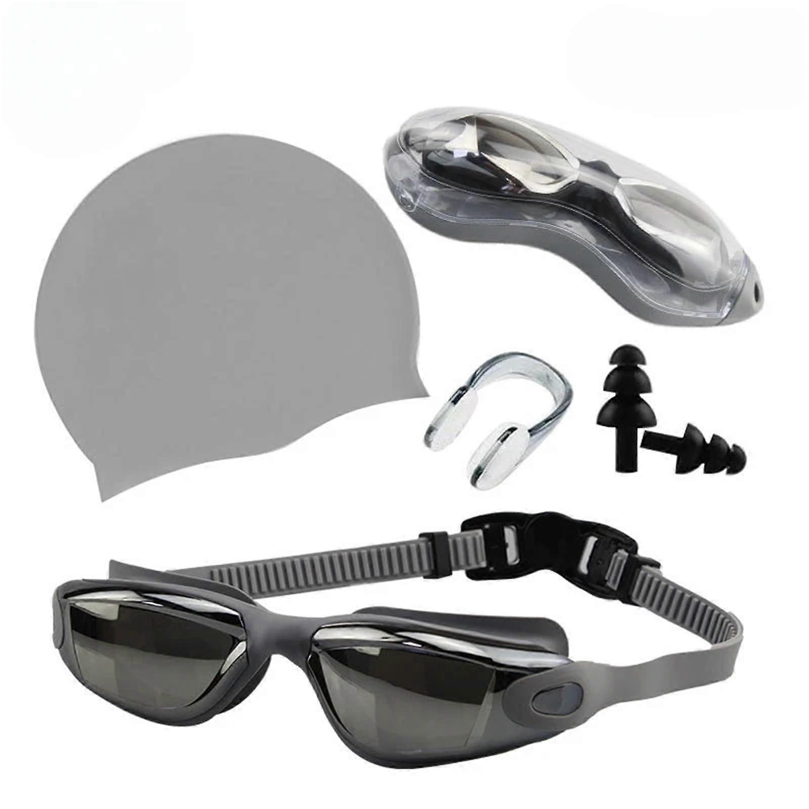 Swim Goggles High-Definition Anti-Fog For Adults With Silicone Cap And Goggles Set For Youth And Children Grey
