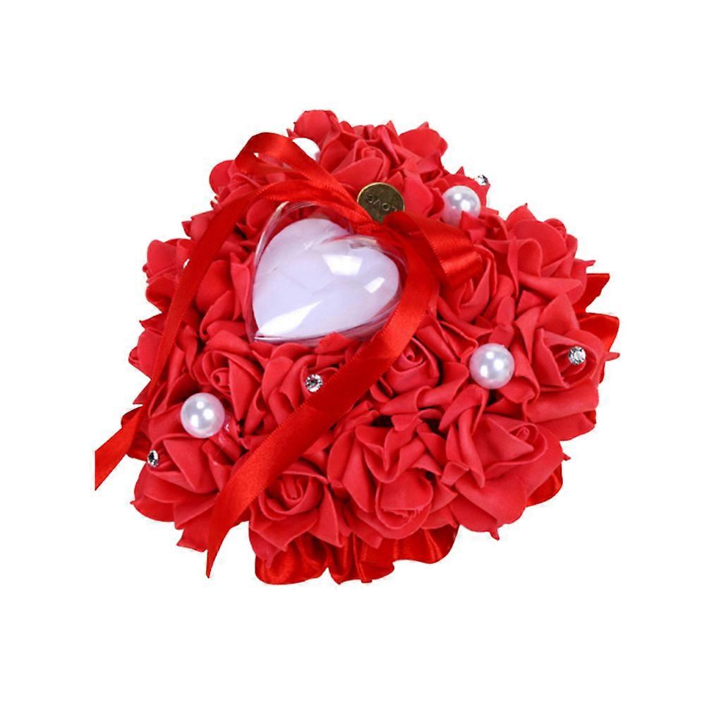 Heart Shaped Ring Pillow with Flower Bud Design, Elegant Pearl Wedding Ring Holder for Brides and Parties, Red