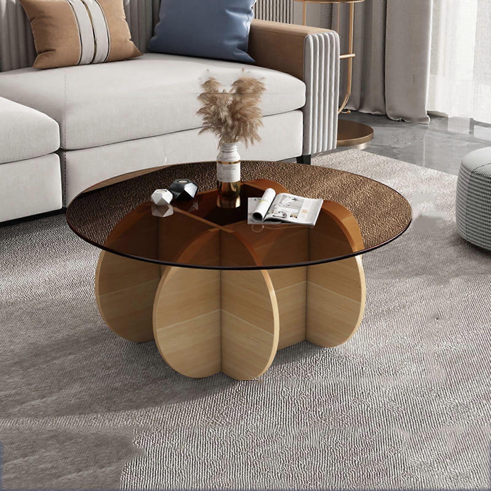 Coffee Table with Glass Top and Solid Wood Base Modern Round Centre Table for Living Room and Patio Side Table Made of Clear Tempered Glass