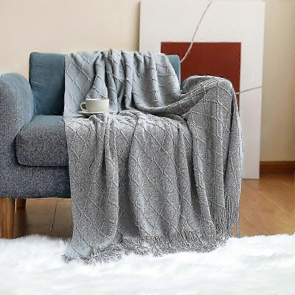 Plaid throw blanket for bed with soft texture and knitted details