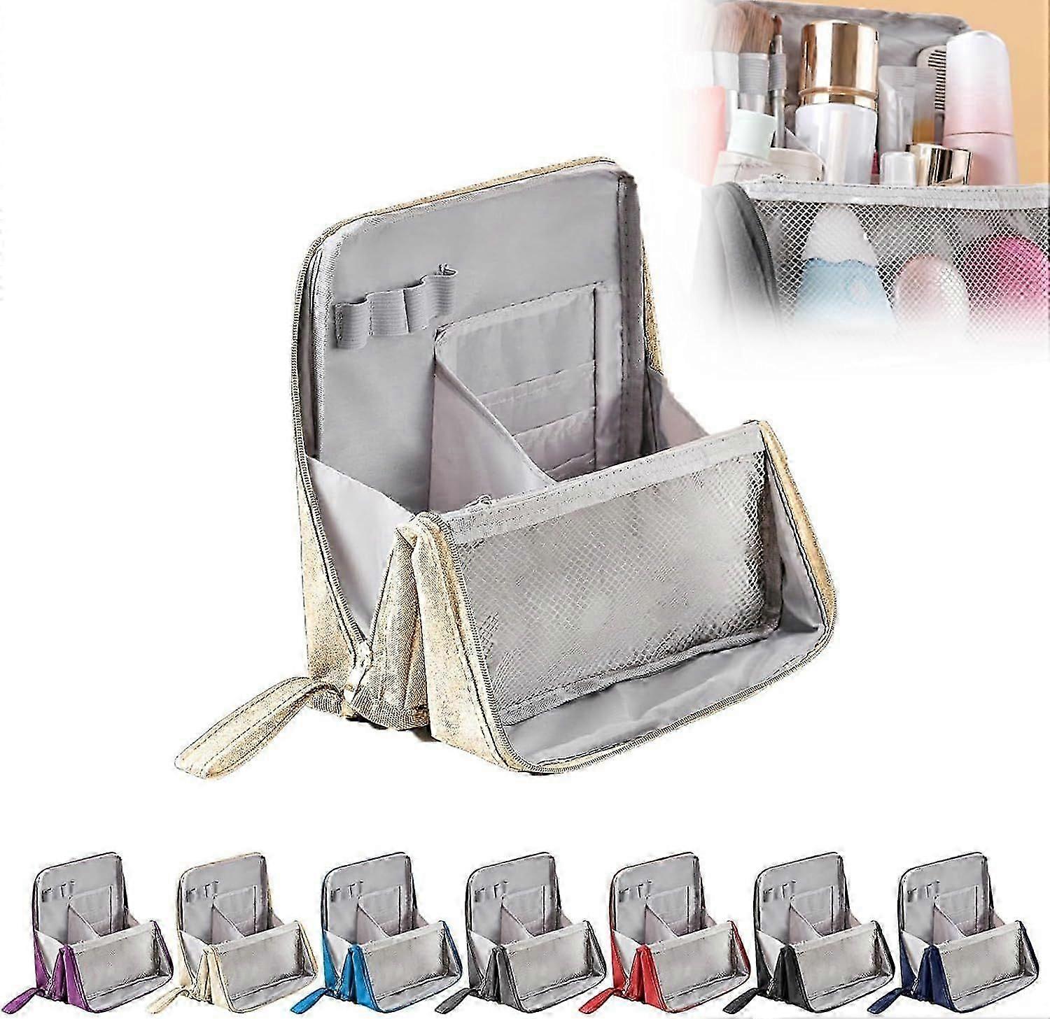 Multi-Purpose Large Capacity Oxford Cloth Standing Makeup Bag Portable Lightweight Canvas Organizer with Multiple Compartments, Upright Design for Co