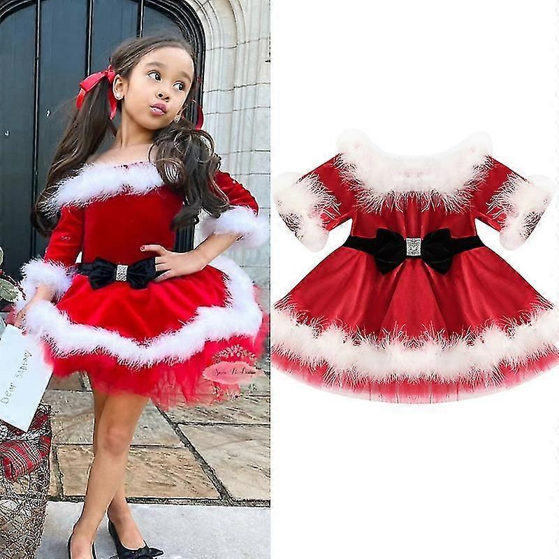 1-7 Years Girls Christmas Dress Red Off-Shoulder Long Sleeves Bubble Kids Xmas Dress With White Fur Trim