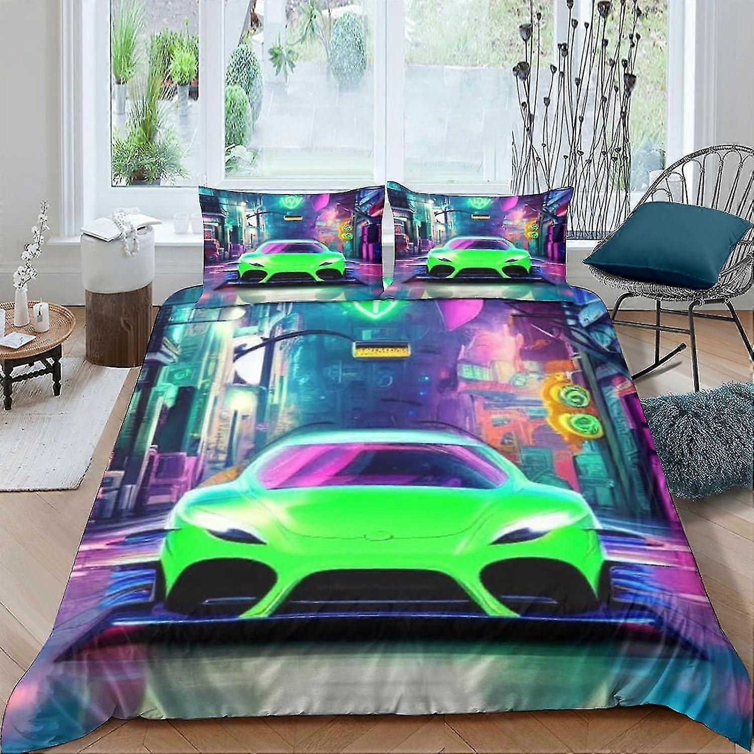 Conjunto de Cama de Carro Esportivo 3D para Crianças - Capa de Edredom Macia com Fecho de Zíper, Conjunto de 3 Peças