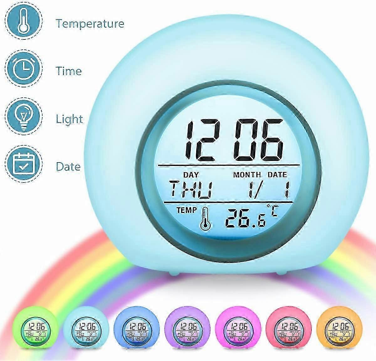 LED children's alarm clock, wake-up alarm clock 7 color change changing light alarm clock, 5 natural sounds to improve sleep, touch control