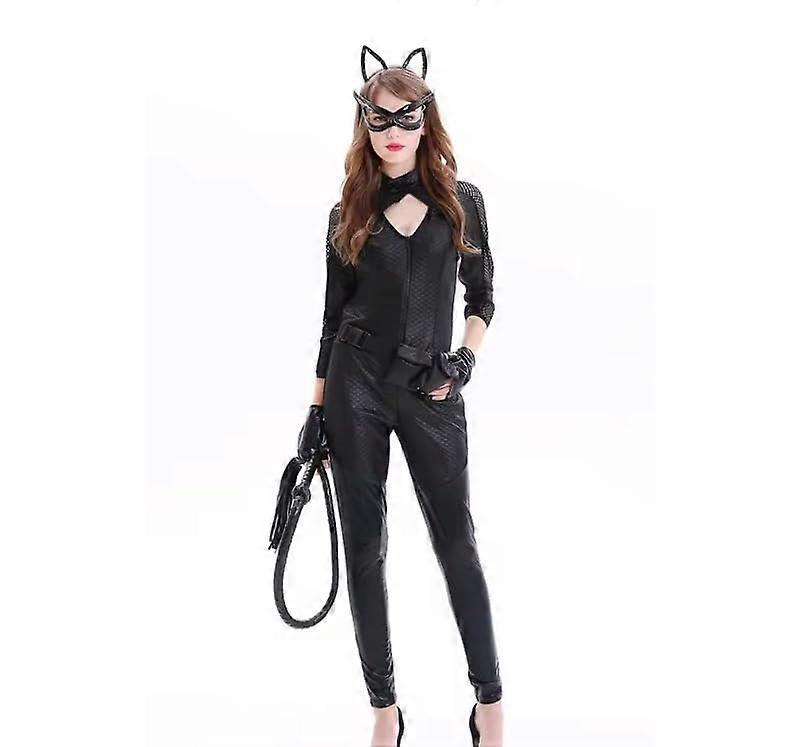 Latex catsuit for women, faux leather, with front zipper, cosplay overall black L