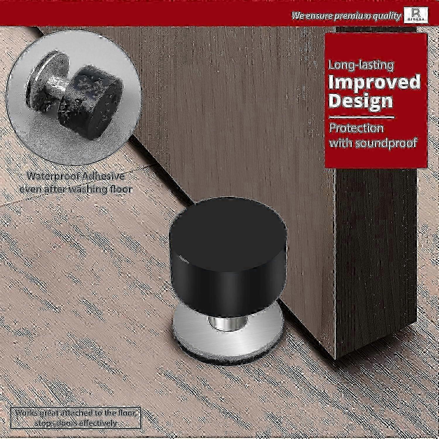 2-Pack Self-Adhesive Door Stops with Extra Stickers - Black Rubber \u0026  Stainless Steel Door Stoppers, image size:1500x1500