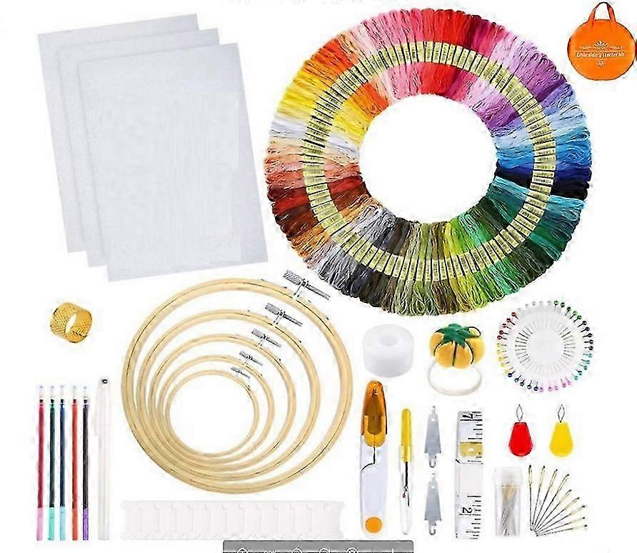 2025 Embroidery Kit, Cross Stitch Kit with Instructions, 5 Bamboo Embroidery Hoops, 100 Colorful Threads, 3 Pieces Fabric and Cross Stitch Tools for S