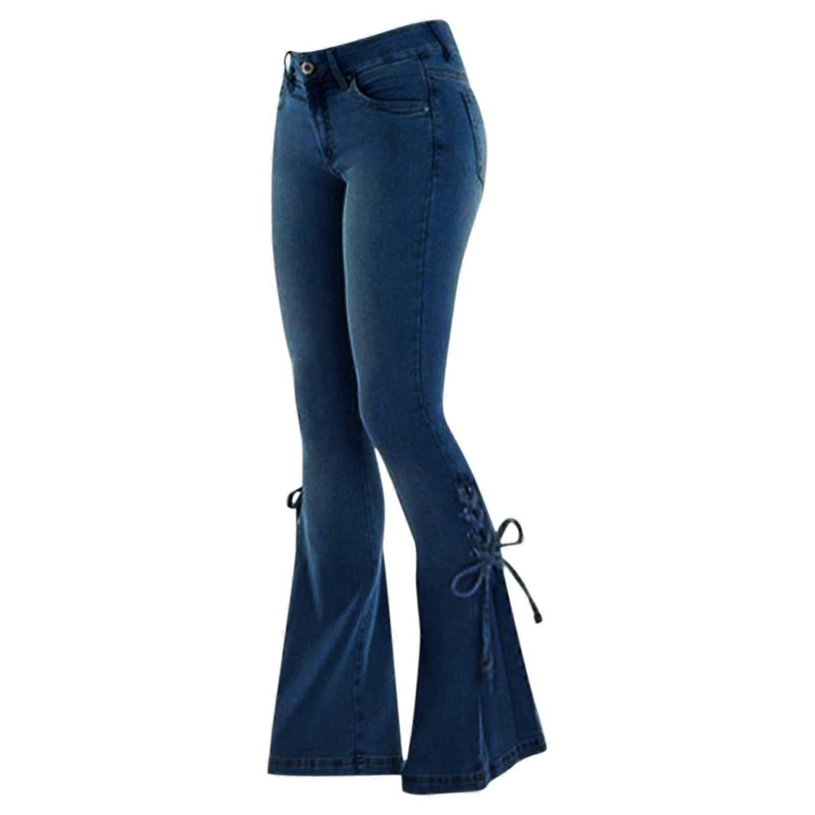 Flared Pants Women's Jeans, 70s Flared Pants, Stretch Skinny Waist Retro Flared Pants L Blue