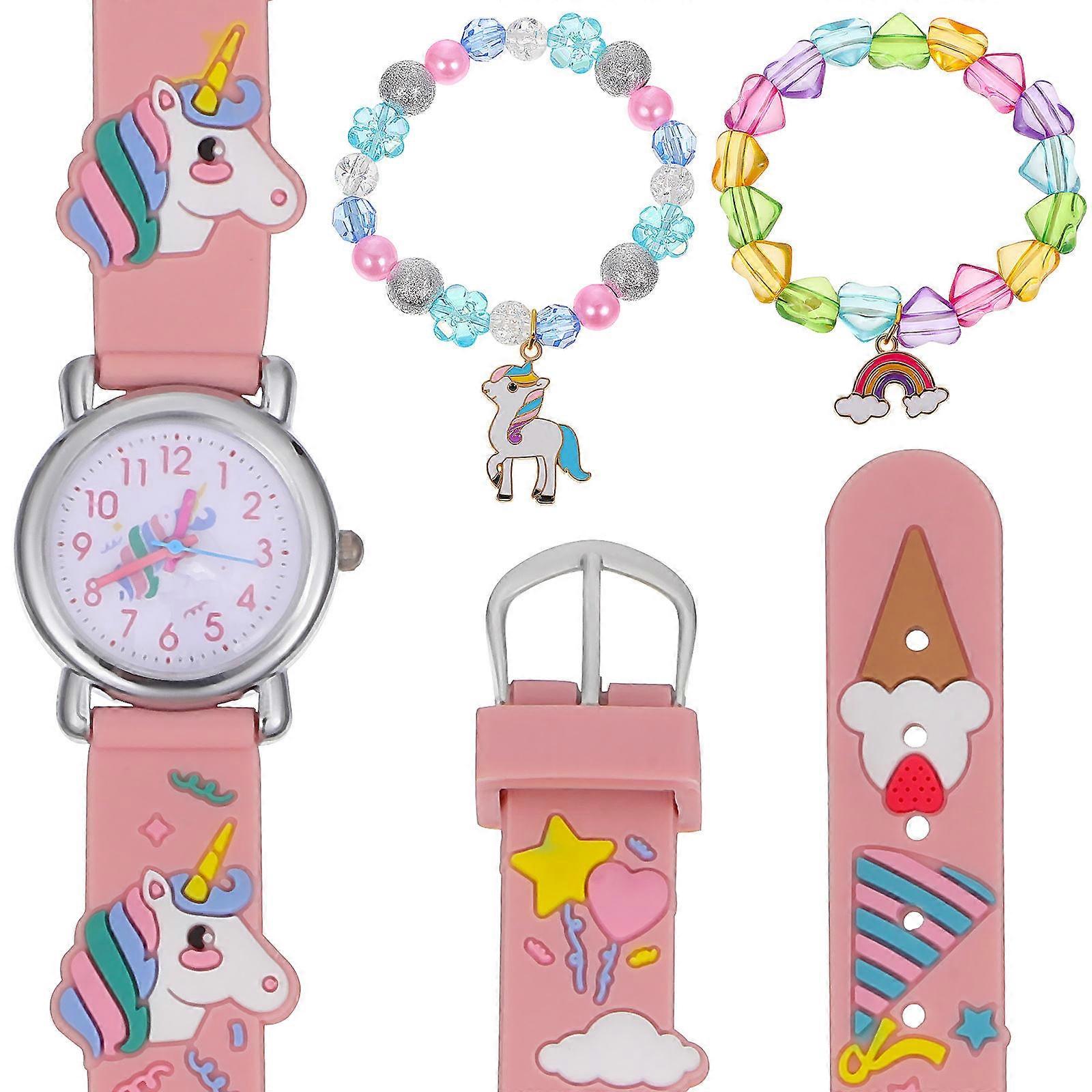 Cute Unicorn Quartz Watch with Rainbow Strap and Heart Beads Bracelet Set for Birthdays and Christmas