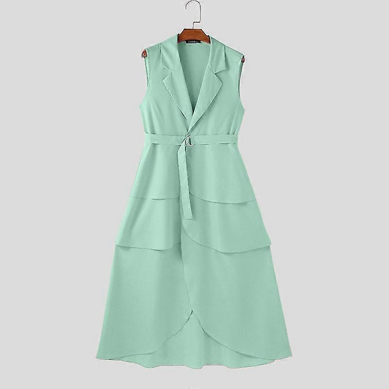 INCERUN Men Lapel V Neck Sleeveless Belt Waist Irregular Layers Long Tunic Tank Tops