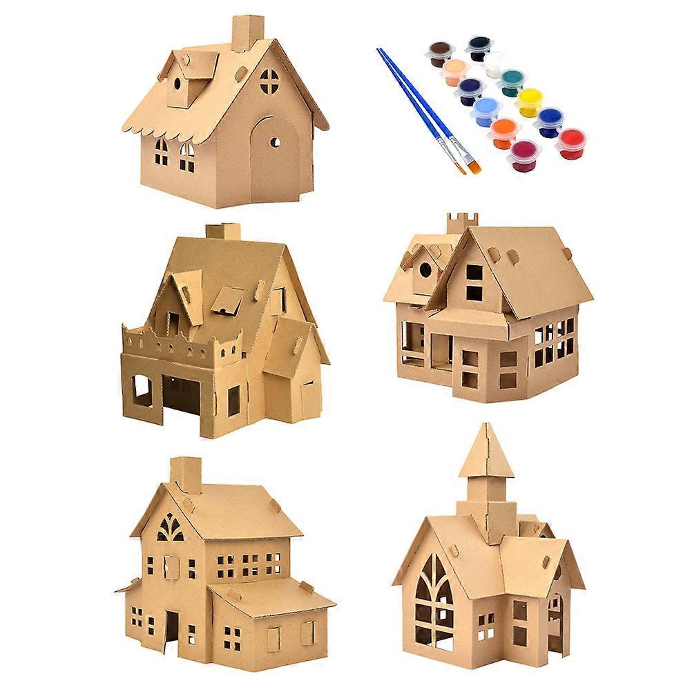 DIY House Christmas 5 Sets Cardboard Decoration Suitable For Kids Playing Light Brown Imagination Development