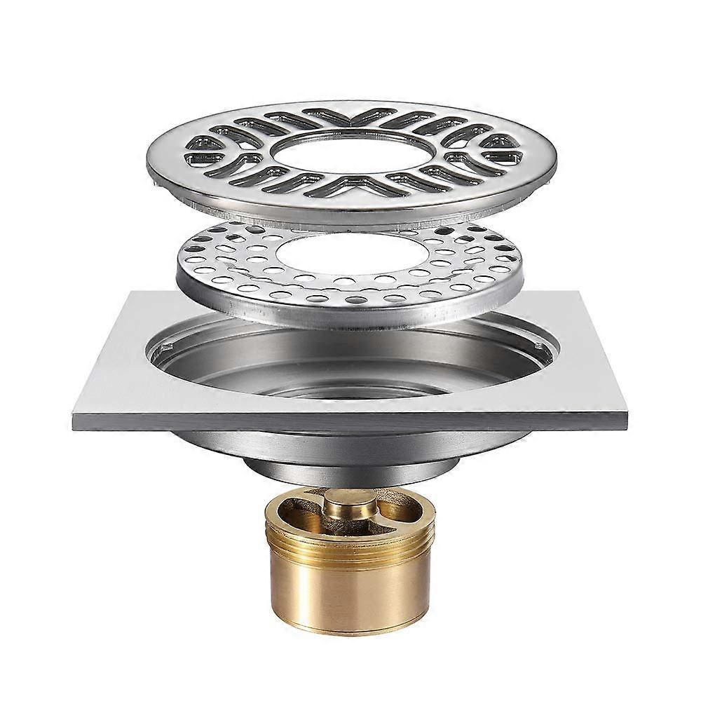 Drain Covers 4-Inch Square Floor Drain, Brass Shower Drain With Removable Grid, Easy-Clean Filter Chrome Finish