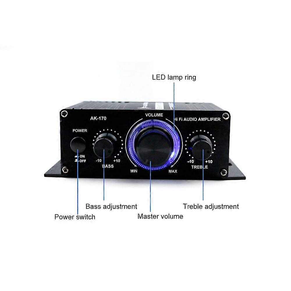 AK170 12V Mini Audio Power Amplifier Digital Audio Receiver AMP Dual Channel 20W+20W Bass Treble Volume Control for Car Home Use