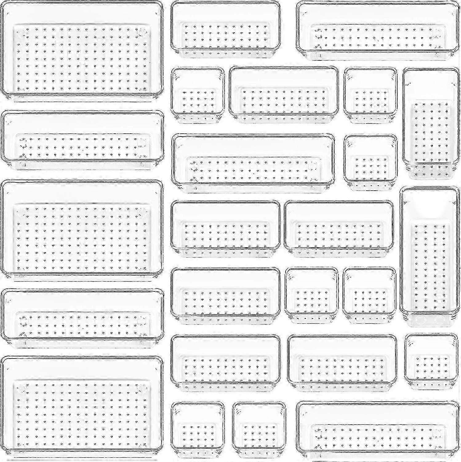 25 PCS Clear Plastic Drawer Organizers Set, Versatile Bathroom and Vanity Drawer Organizer Trays in 4 Different Sizes for All Brands
