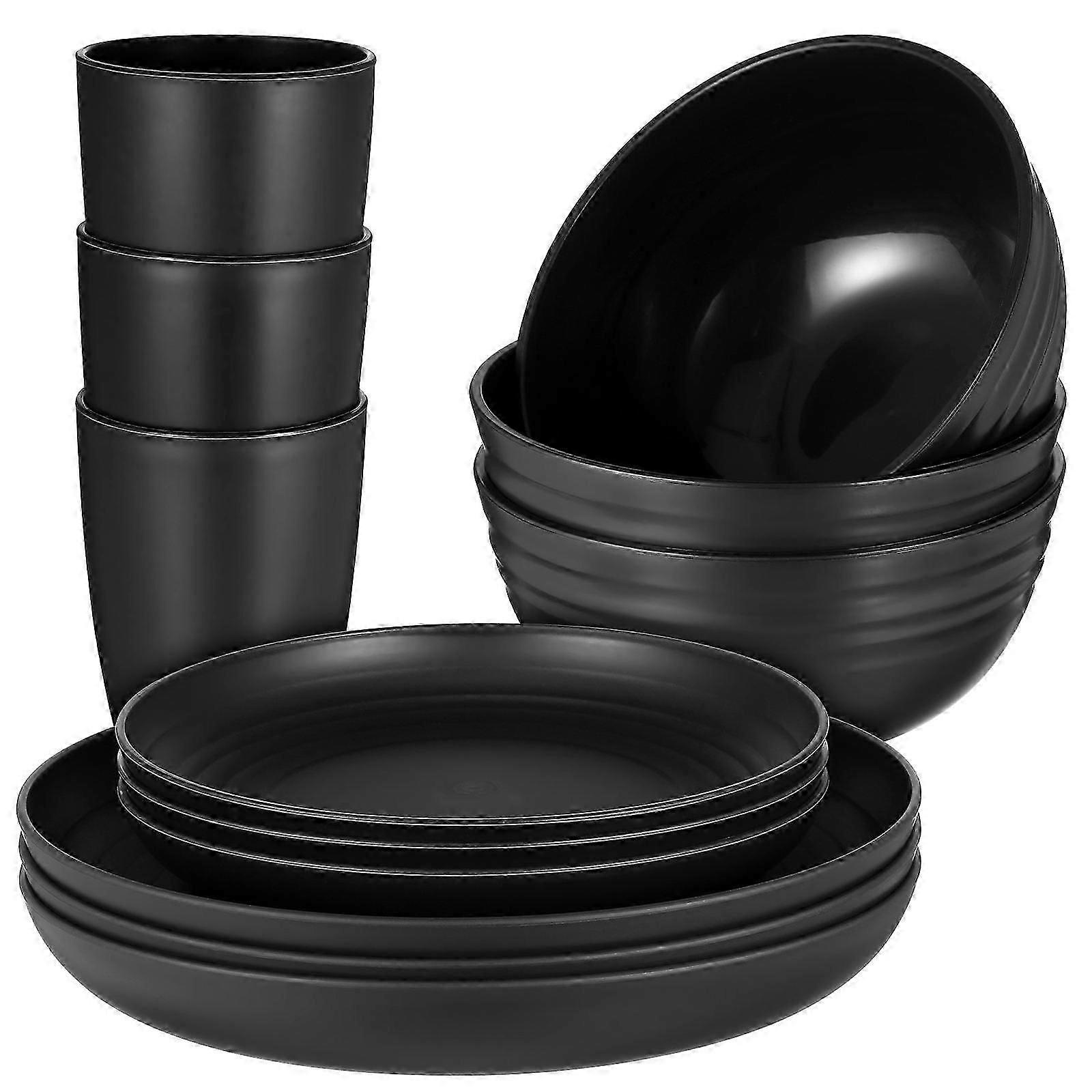 Dishware Set 1 Set Round Dinner Plates And Bowls Set Black Straw Versatile Use Perfect For Picnic Camping Home Use