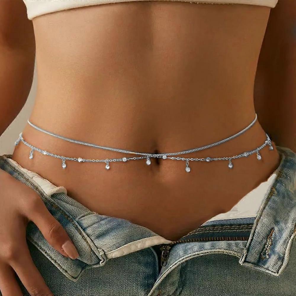 Women's double waist chain with sparkling crystals and pendants, elegant summer accessory