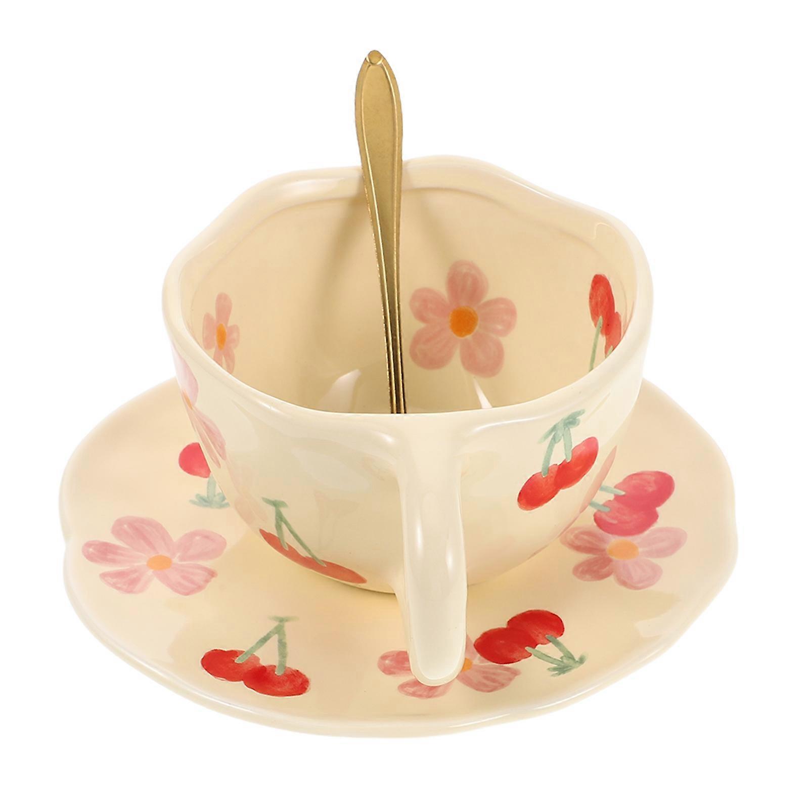 Pink Ceramic Coffee Mug Set for Home 3Sets Porcelain Cup with Saucer and Spoon