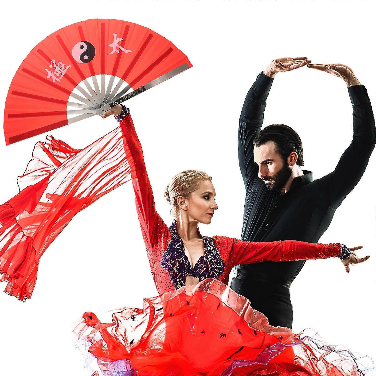 Chinese Fan Kung Fu Fan Dance Performance Red Stainless Steel Cloth Decoration 1Pack