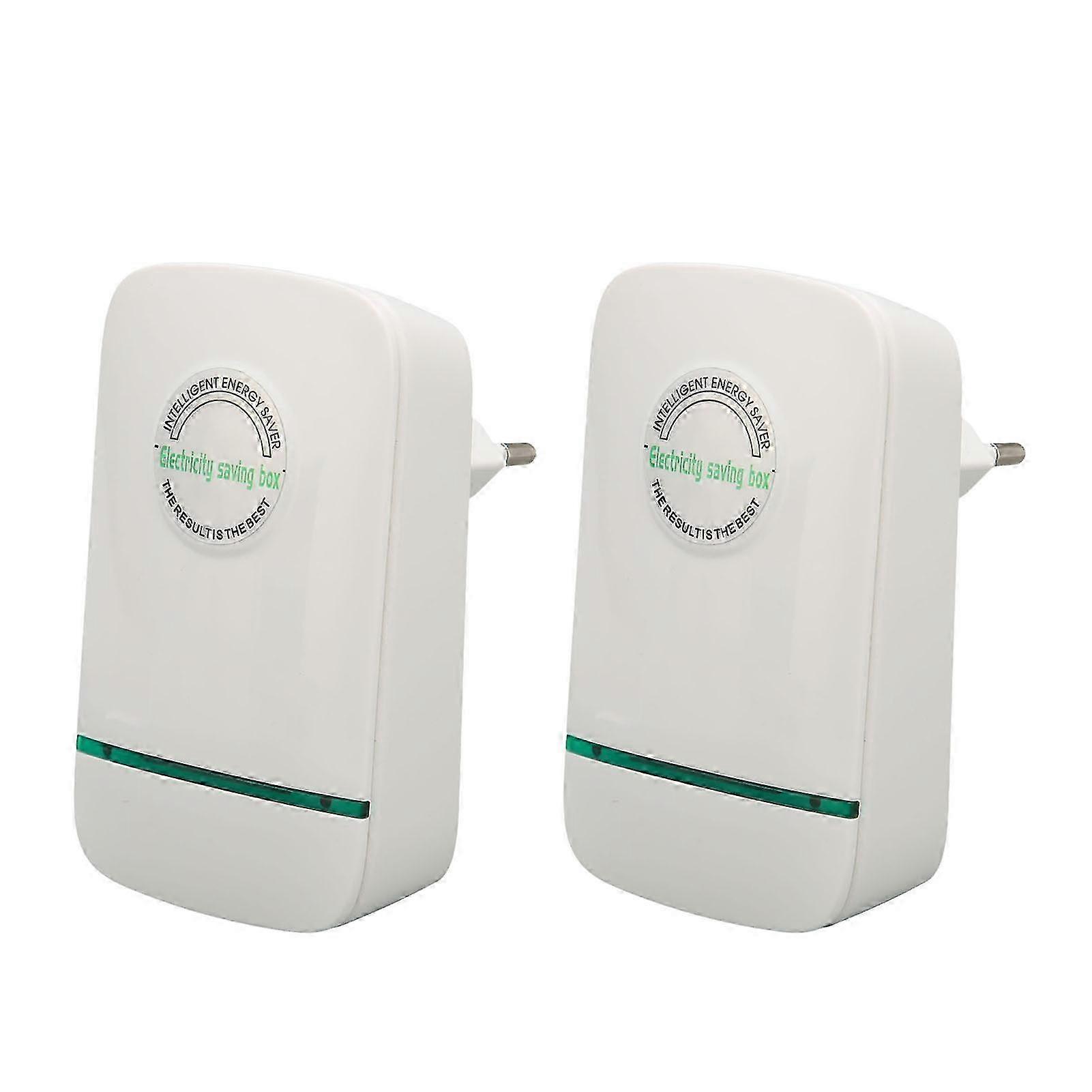 A 2 Pack of 28000W Power Savers for Home use (EU Plug), which provide Stabilized Voltage and a balanced Current