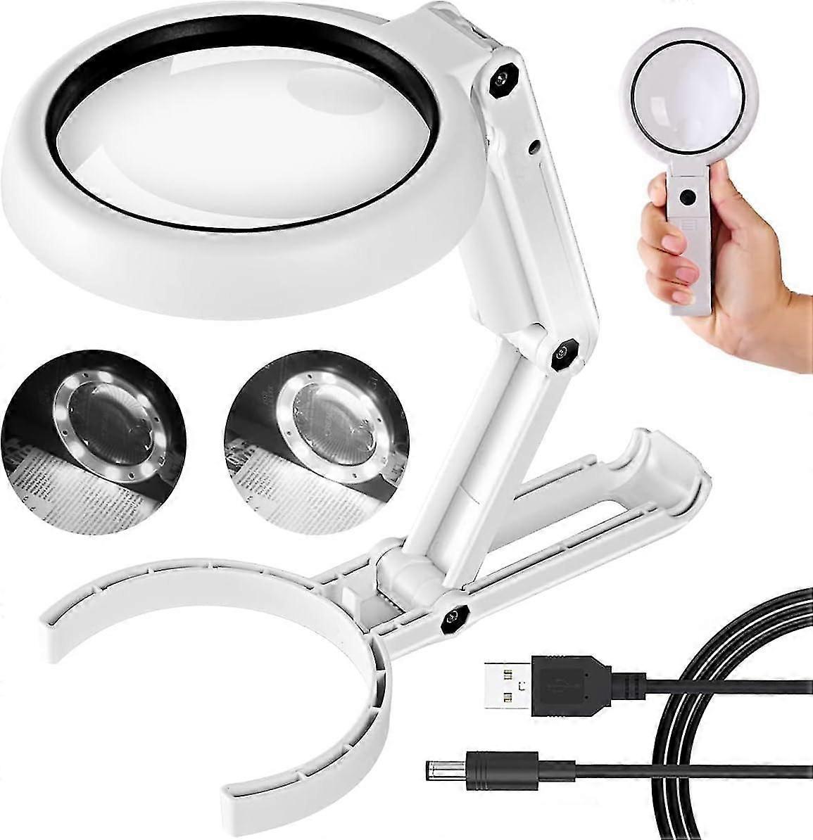 30x 10x Magnifying Glass With Light And Stand, Foldable Handheld Magnifying Glass & 2 Level Dimmable For Close Work