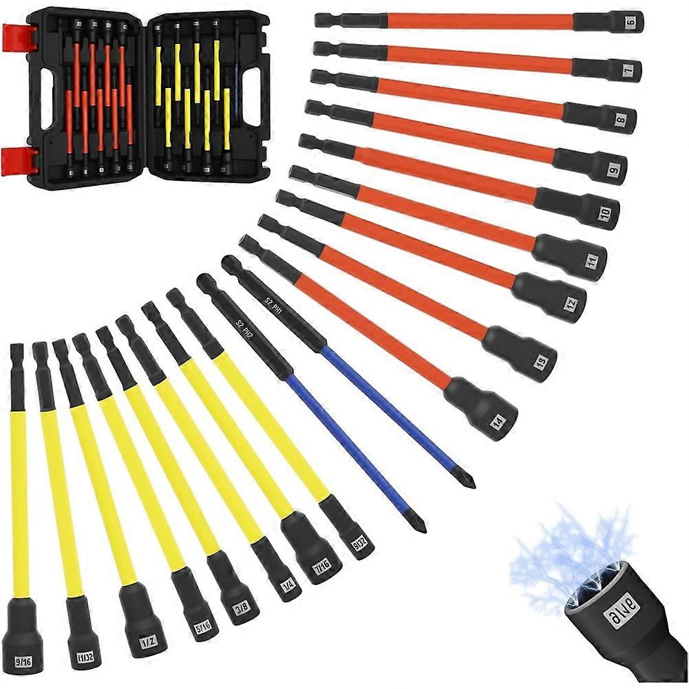 19 Pcs Magnetic Nut Driver Set for Impact Drill,1/4inch Hex Shank CR-V Steel Socket Adapter Extension with Screwdriver