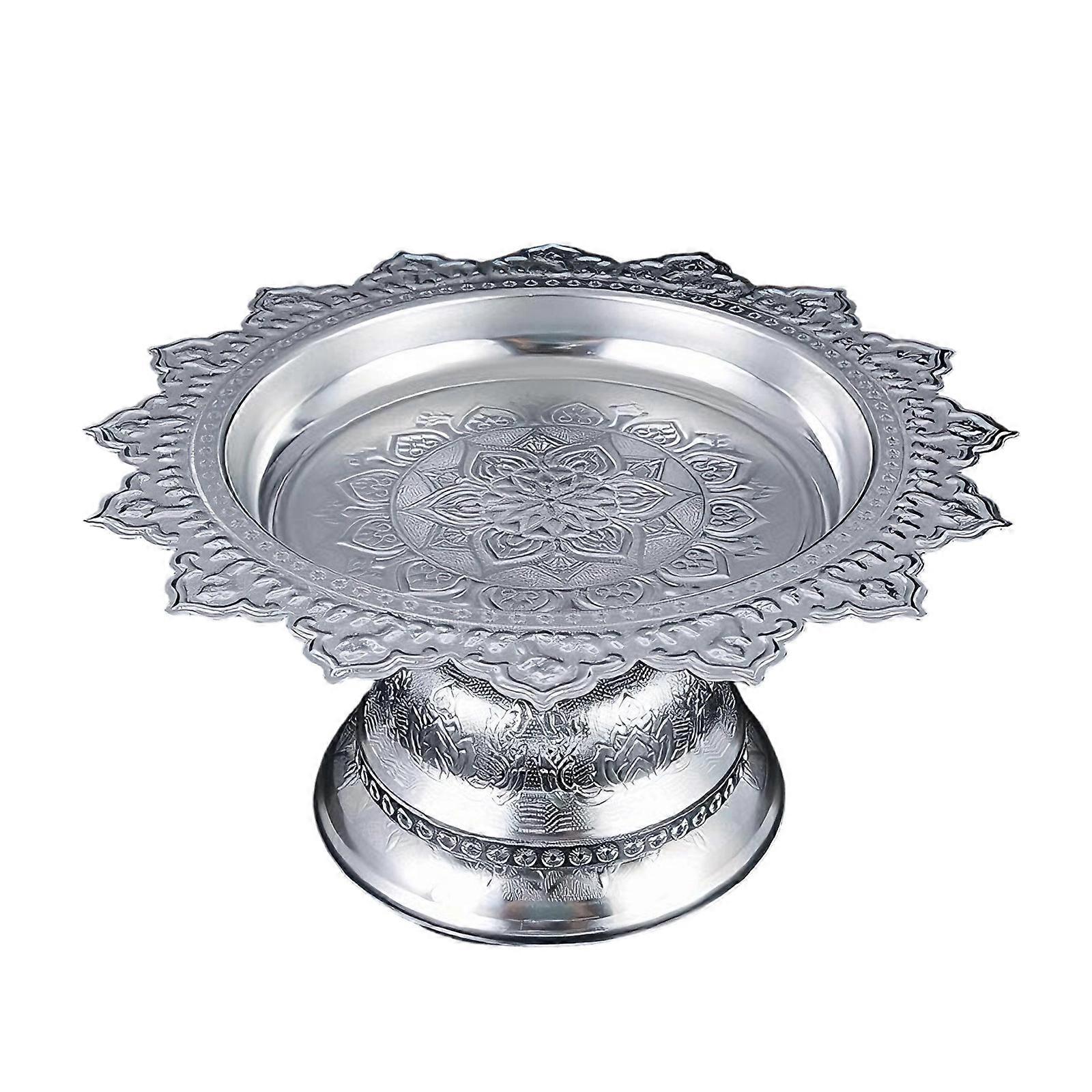 Elegant Fruit Display Plate Alloy Construction Ornamental Pattern Tall for Decoration Religious Use Celebratory instances  Silver
