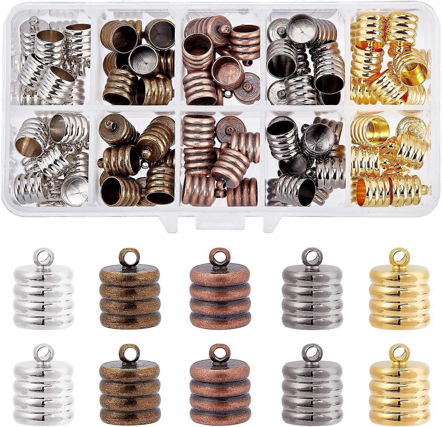 100PCS Column Brass Cord Ends 5 Color Column Bead Tube Fastener Clasps with Loop for Jewelry Making 13x10mm