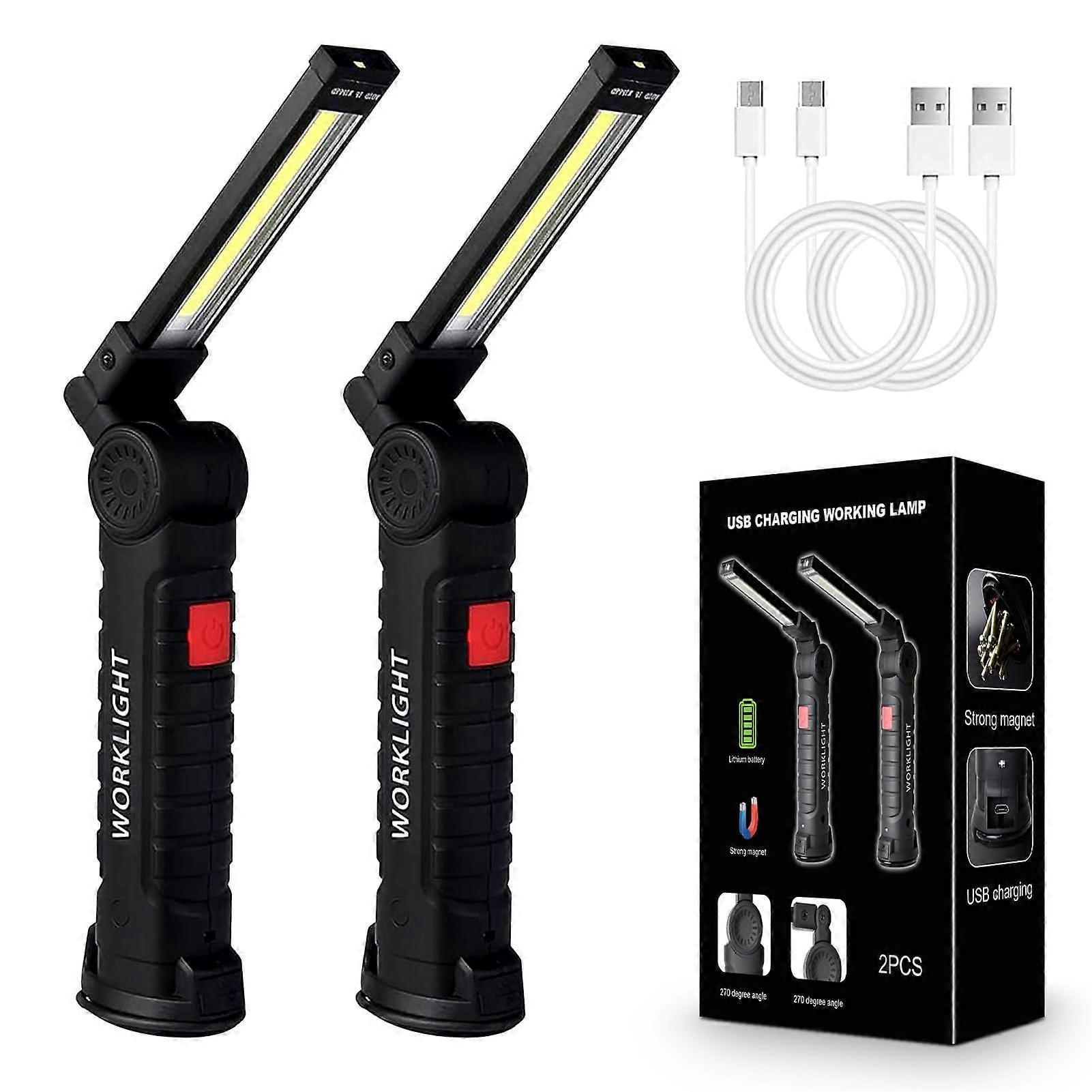 2 Pack LED Work Lights USB Rechargeable Magnetic COB Ultra Bright 5 Modes 360° Rotation for Car  and Workshop