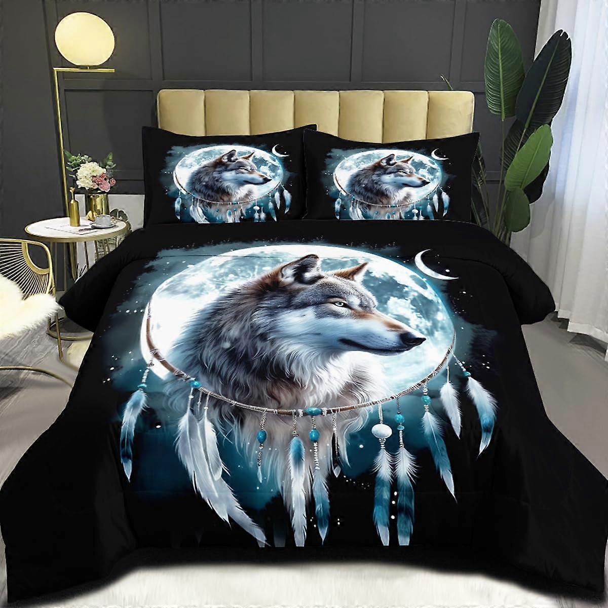 Wolf Queen Comforter Set with Pillowcases, 3D Boho Tribal Wolf Bedding, Soft Microfiber Quilt