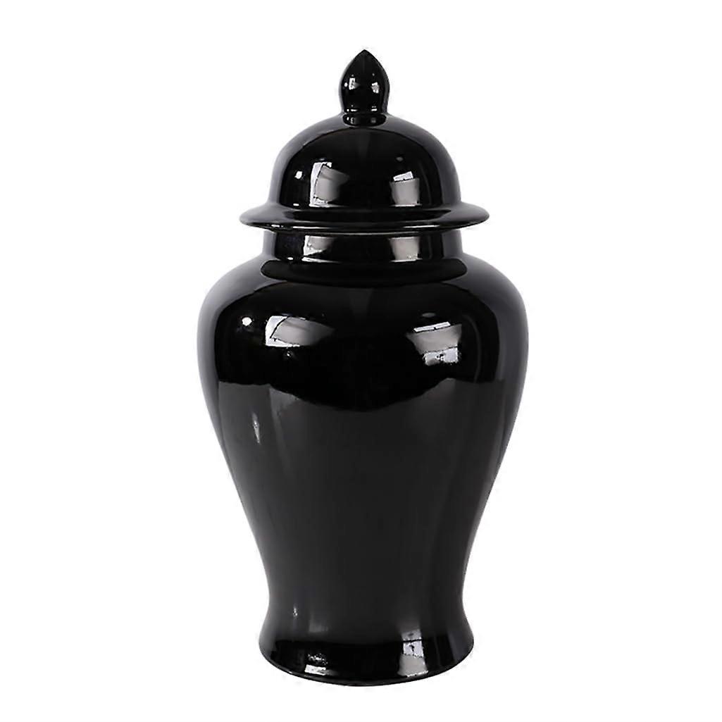 Large Black Ginger Jar Vase with Lid, Chinese Style Porcelain Temple Jar, Elegant Glossy Finish