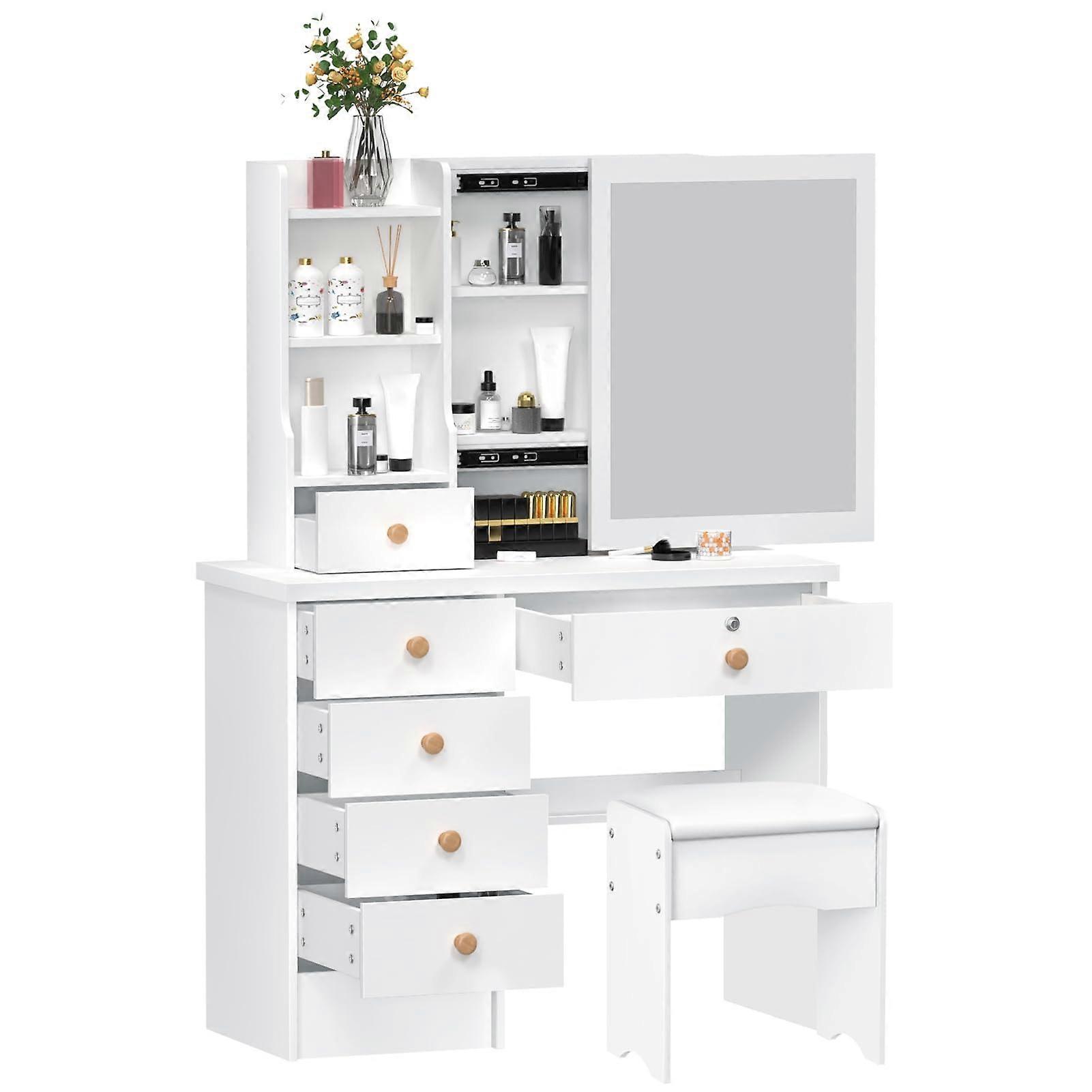 Kids Vanity Desk with Sliding Mirror, 6 Drawers and Shelves, Lockable Drawer, White 31.5'
